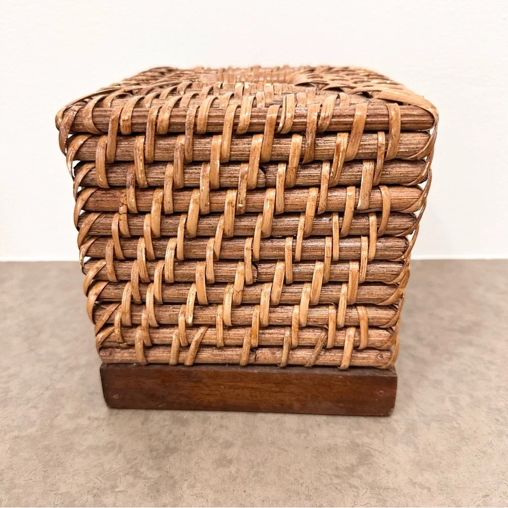 Woven Wood Square Cube Tissue Box Cover Wicker Basket Rattan Boho Medium Brown